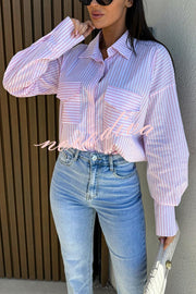 Stripe Print Lapel Long Sleeve Pocket Casual Shirt