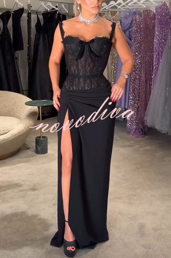 Sexy Grace Magic Lace Corset Bow Design Ruched Hip Slit Maxi Dress