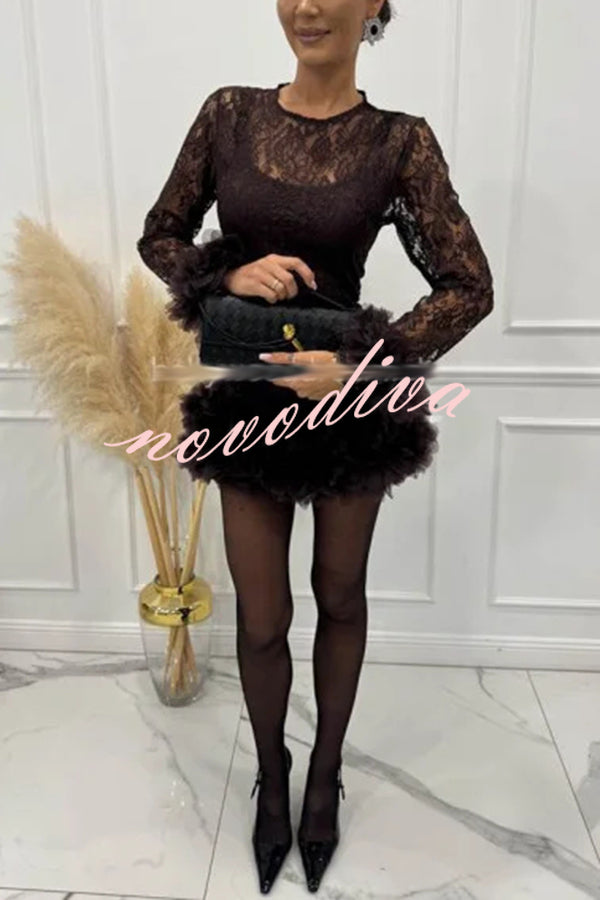 Alyssa Lace Fabric Tulle Layered Petals Trim Long Sleeve Mini Dress