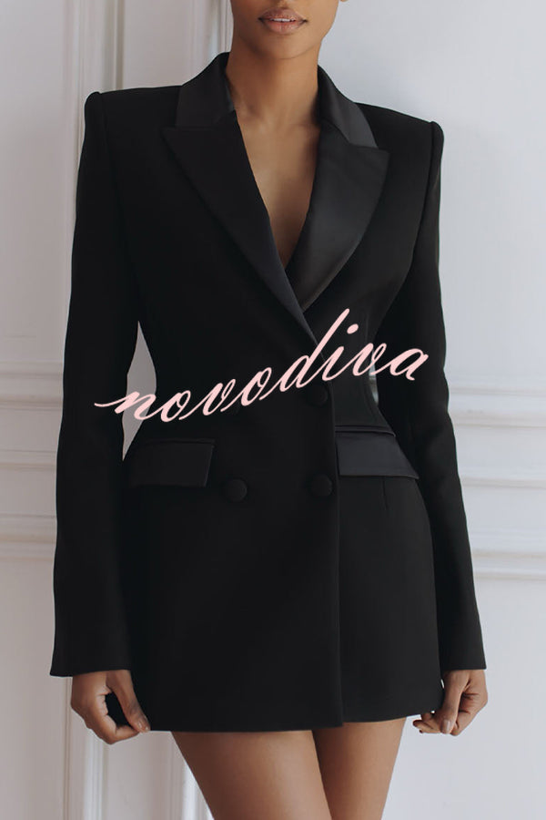 Modern Evening Gown Satin Lapel Button Long Sleeve Tuxedo-style Blazer Mini Dress