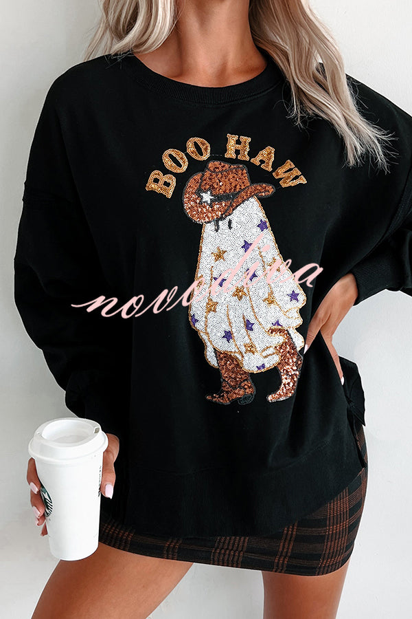 Halloween Ghost Sequin Print Casual Loose Sweatshirt