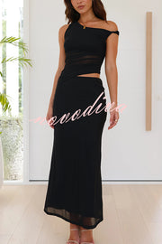 Solid Color Mesh Splicing Waist-baring Slim Maxi Dress