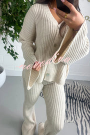 Solid V-neck Ribbed Knit Button Up Top and Elastic Waist Wide Leg Pants Set