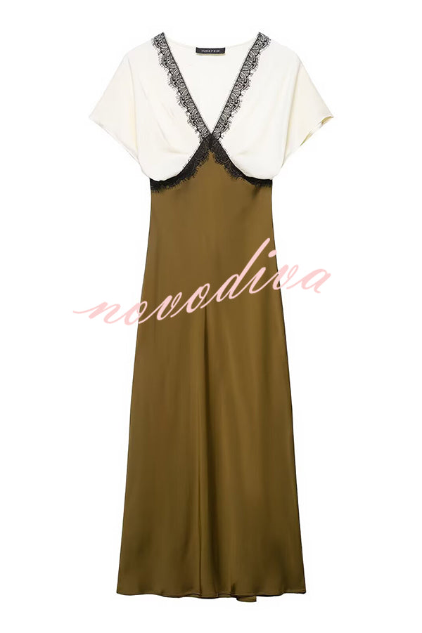 Fashionable Contrast Color V-neck Lace Stitching Maxi Dress
