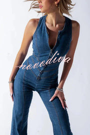 Fashionable Heart Hollow Back Slim High Waist Flared Denim Jumpsuit