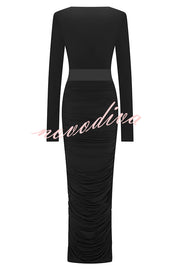 Sexy See-through Long-sleeved V-neck Pleated Slim-fit Maxi Dress