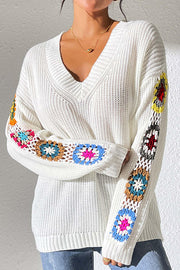 Fashion Hook Flower Long Sleeve V-Neck Loose Knitted Sweater