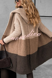 Fashionable Knit Patchwork Color Long-sleeved Hooded Loose Mid-length Cardigan