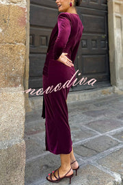 Elisabeth Luxurious Velvet Padded Shoulders Long Sleeve Twist Waist Drape Midi Dress