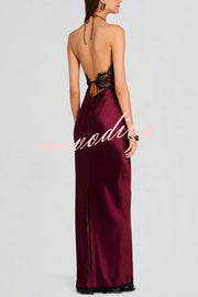 Everly Contrast Color Satin Lace Trim Halter Back Lace-up Flare Maxi Dress