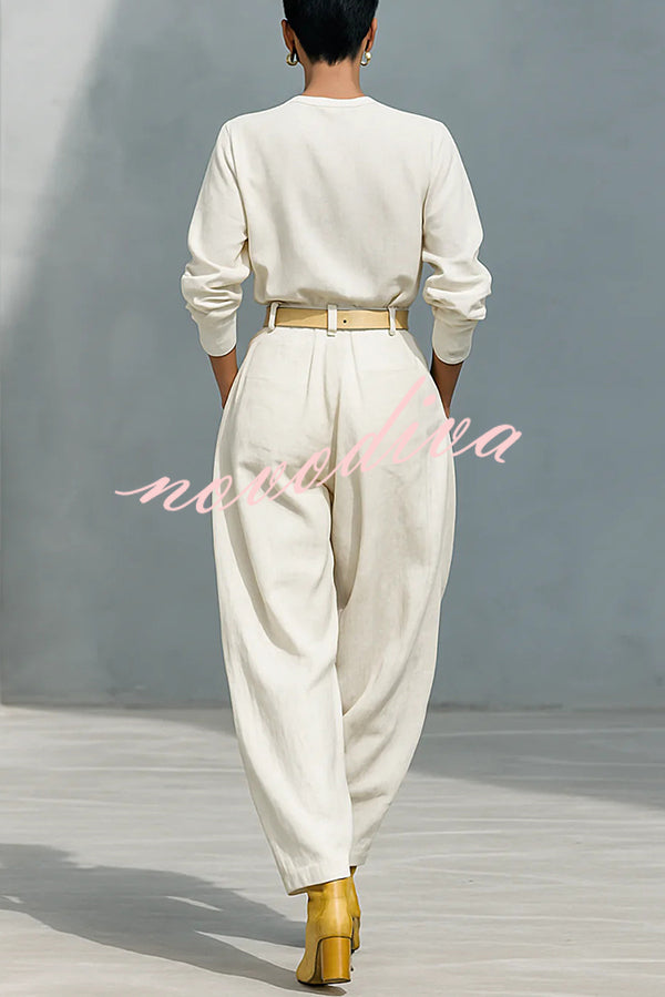 Fashionable Round Neck Long-sleeved Casual Top and High Waist Pocket Loose Wide-leg Pants Set