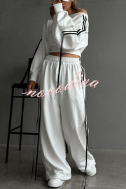 Contrast Color Webbing Casual Sweatshirt and Elastic Waist Tie Loose Pants Set