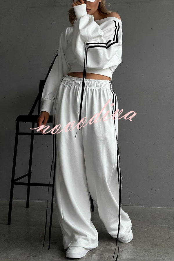 Contrast Color Webbing Casual Sweatshirt and Elastic Waist Tie Loose Pants Set