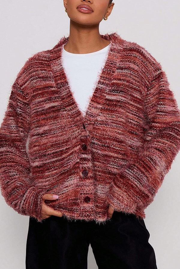 Fashionable Mixed Color Loose V-neck Casual Knit Cardigan