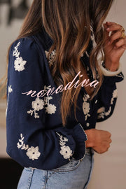 Floral Embroidery Long-Sleeved Button-Up Elegant Shirt