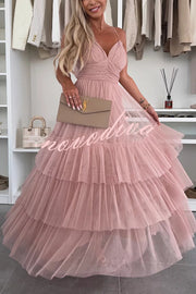 Romantic Movie Tulle Ruched Tiered Hem Slip Maxi Dress