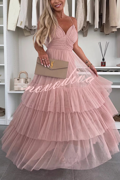 Romantic Movie Tulle Ruched Tiered Hem Slip Maxi Dress