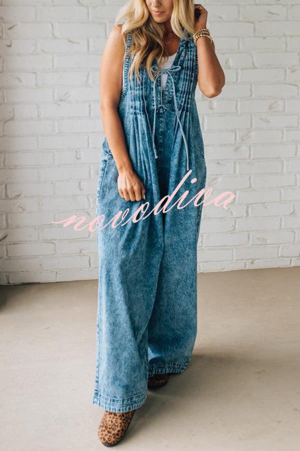 Fashionable and Casual Sleeveless V-neck Lace-up Loose Pocket Jumpsuit