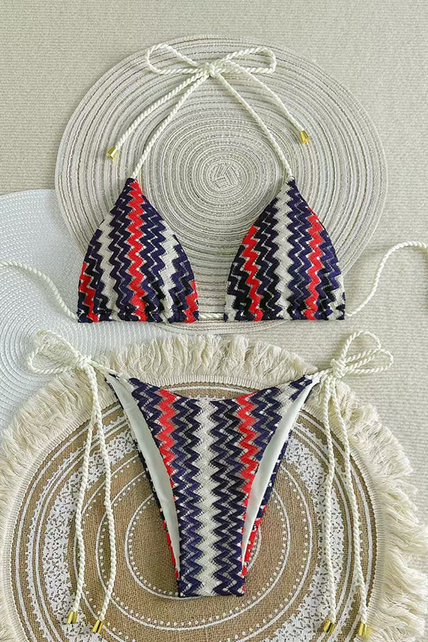 Knit Wave Unique Print Stretch Tie Bikini Swimsuit