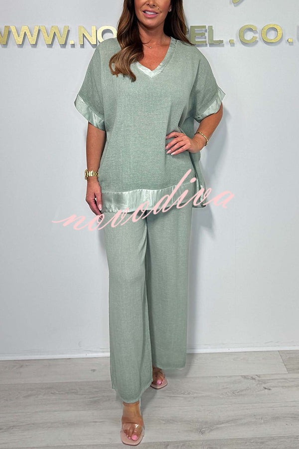 Fashionable V-neck Short-sleeved Loose Top and Elastic Waist Casual Wide-leg Pants Set