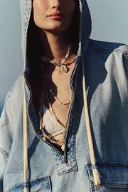 Fashion Loose Pocket Casual Denim Zipper Hoodie