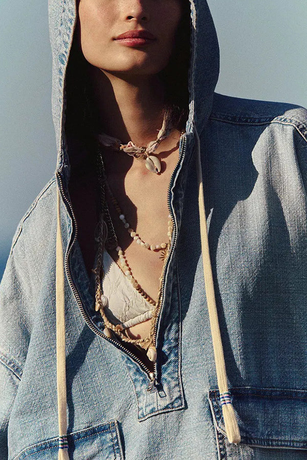Fashion Loose Pocket Casual Denim Zipper Hoodie