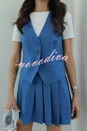 Solid Color Sleeveless Buttoned Vest and High-waisted Pleated Mini Skirt Set