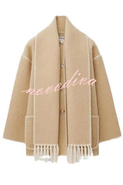 Stylish Loose Pocket Long Sleeve Coat and Warm Fringed Scarf