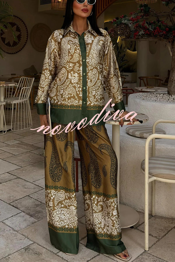 Naya Satin Contrast Color Paisley Long Sleeve Shirt and Elastic Waist Pocketed Pants Set