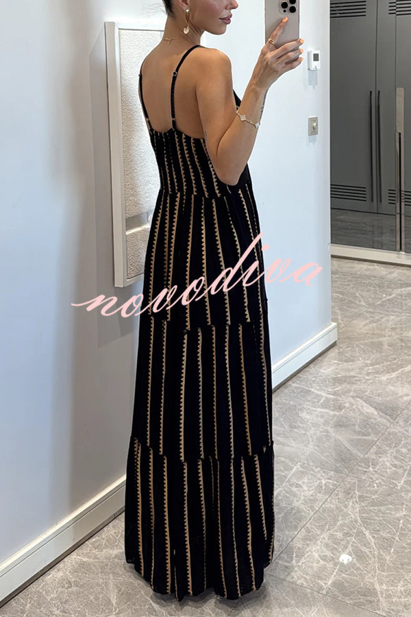 Striped Printed Suspender V-Neck Full Hem Loose Holiday Maxi Dress