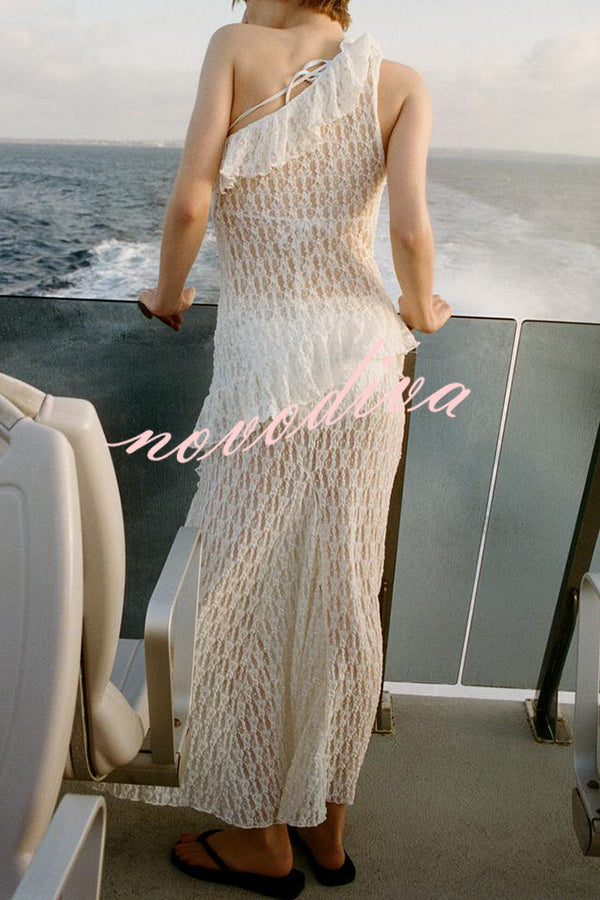 Solid Color Lace One Shoulder Ruffled Slim Fit Top