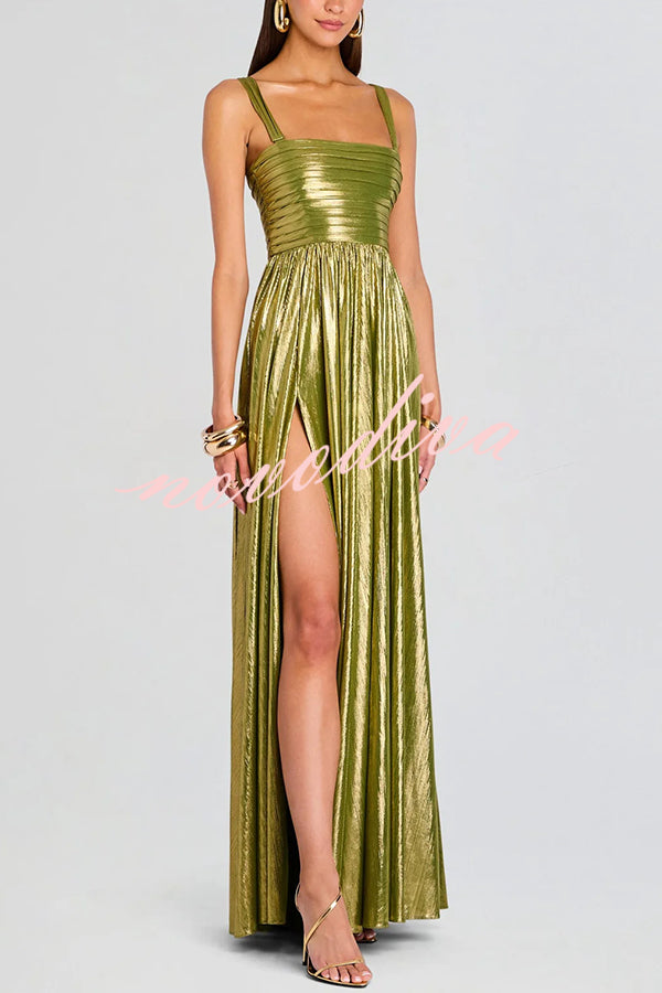 Artistic Quality Metallic Pleated Fabric Removable Straps Slit Maxi Dress