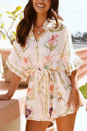 Plant Print Lapel Half Sleeve Tie Waist Loose Rompers