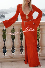 Seaside Goddess Crochet Knit Hollow Out Golden Ring Long Sleeve Cover-up Maxi Dress