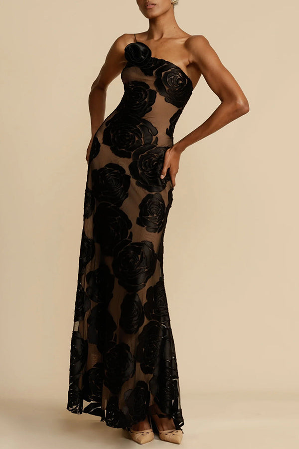 Timeless Elegance and Sexy Floral Print Asymmetrical Neckline Maxi Dress