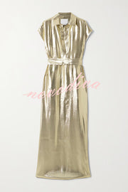 Francesca Metallic Satin-blend Button Short Sleeve Belted Shirt Maxi Dress