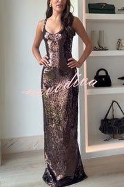 Dazzling Like Flowing Water Sequin V-neck Back Zipper Slit Maxi Dress