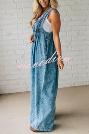 Fashionable and Casual Sleeveless V-neck Lace-up Loose Pocket Jumpsuit