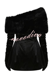 Stylish Velvet Off-shoulder Fitted Mini Dress and Fluffy Shawl, Velvet Gloves Three-piece Set