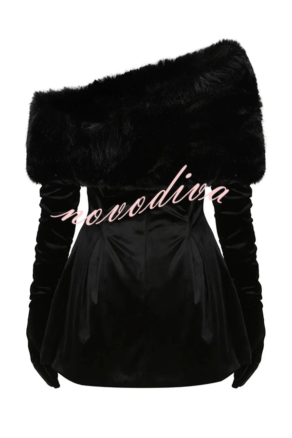 Stylish Velvet Off-shoulder Fitted Mini Dress and Fluffy Shawl, Velvet Gloves Three-piece Set