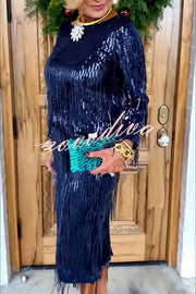 Insight Blueberry Sequin Fringe Long Sleeve Blouse