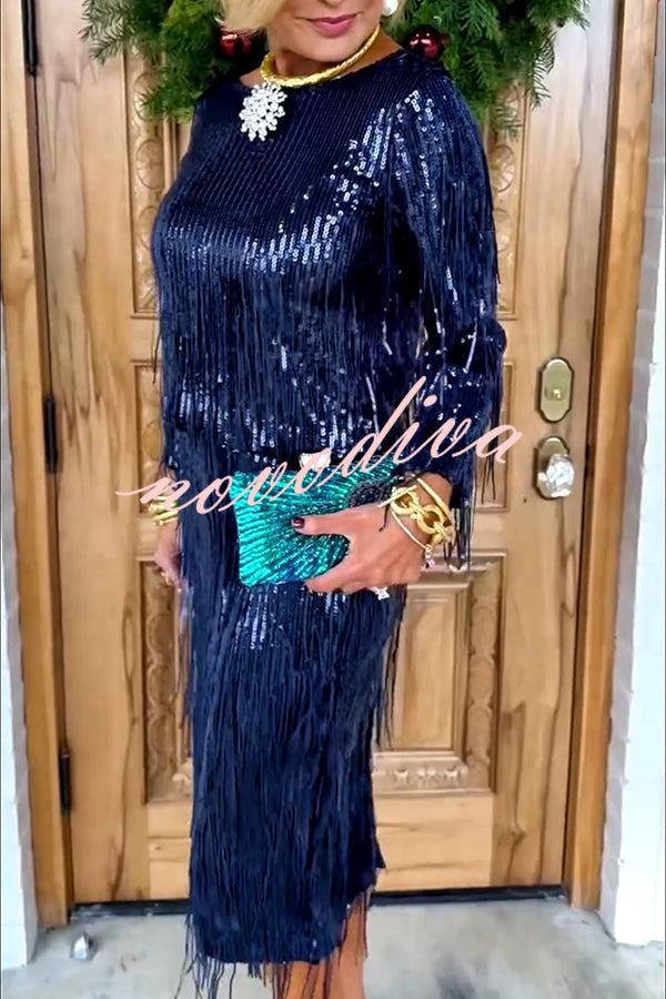 Insight Blueberry Sequin Fringe Long Sleeve Blouse