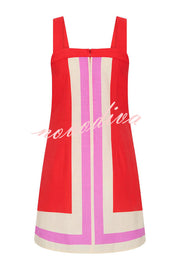 Mika Linen Blend Contrast Color Lines Square Neck Loose Mini Dress