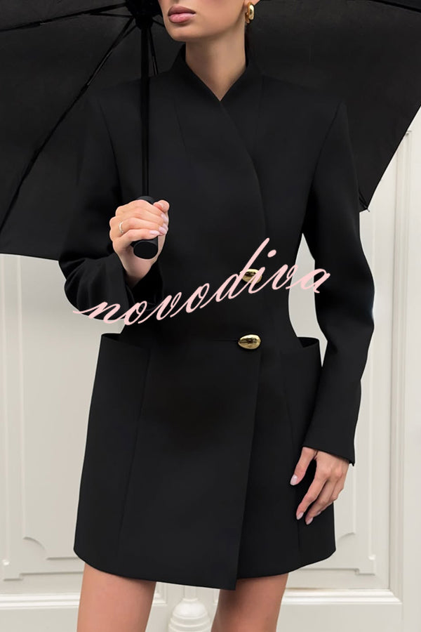 Kayleen Stand V-neck Decorative Metal Button Long Sleeve Pocket Blazer Mini Dress