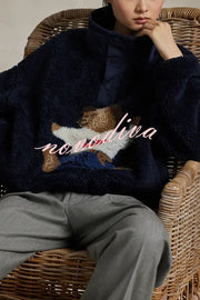 American Retro Polo Bear Pattern Stand Button Neck Long Sleeve Fleece Pullover