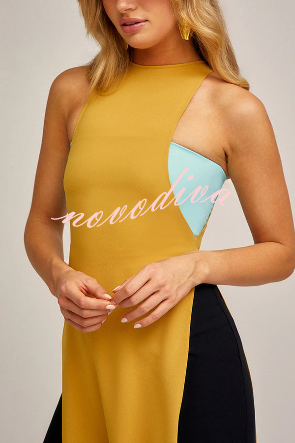 Fashionable Contrast Color Stitching Sleeveless Slim Maxi Dress