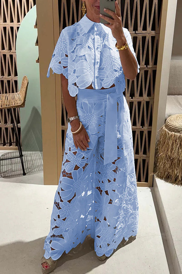 Redefining Elegance Floral Lace Cropped Shirt and Belt Pocketed Wide Leg Pants Set