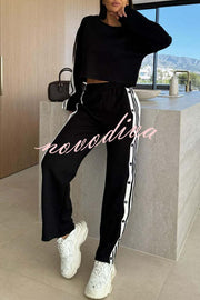 Sporty Chic Striped Patchwork Sweatshirt and Elastic Waist Side Button Up Loose Pants Set