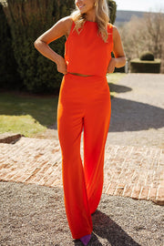 Modern and Elegant Solid Crop Tank and High Rise Flare Loose Pants Set
