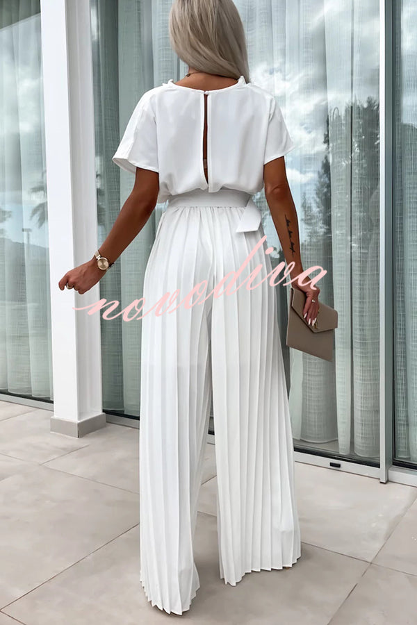 Ivy Cowl Neck Short Sleeve Belt Pleated Loose Wide Leg Jumpsuit